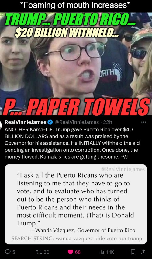 *Foaming of mouth increases*; TRUMP... PUERTO RICO... $20 BILLION WITHHELD... P... PAPER TOWELS | image tagged in triggered liberal,american politics,election,democrats,donald trump | made w/ Imgflip meme maker