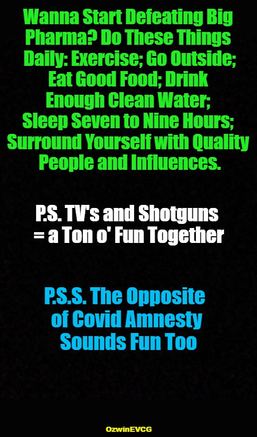 Extreeeeeeeeme and Haaaaaaaateful Health Tips for Personal and Body Politic | Wanna Start Defeating Big 

Pharma? Do These Things 

Daily: Exercise; Go Outside;

Eat Good Food; Drink 

Enough Clean Water; 

Sleep Seven to Nine Hours; 

Surround Yourself with Quality 

People and Influences. P.S. TV's and Shotguns 

= a Ton o' Fun Together; P.S.S. The Opposite  

of Covid Amnesty 

Sounds Fun Too; OzwinEVCG | image tagged in big pharma,government corruption,strategy,habits,real talk,no covid amnesty | made w/ Imgflip meme maker