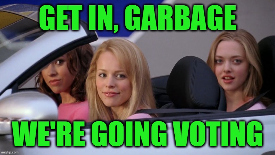 Get in Loser, We're Going Shopping | GET IN, GARBAGE; WE'RE GOING VOTING | image tagged in get in loser we're going shopping | made w/ Imgflip meme maker