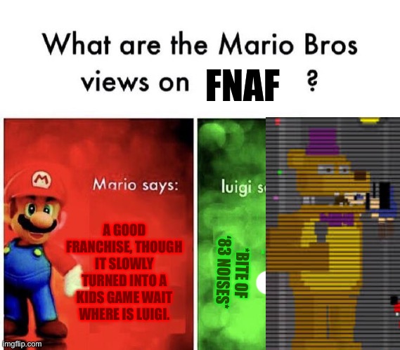 Was that the bite of ‘87 | FNAF; A GOOD FRANCHISE, THOUGH IT SLOWLY TURNED INTO A KIDS GAME WAIT WHERE IS LUIGI. *BITE OF ‘83 NOISES* | image tagged in mario bros views | made w/ Imgflip meme maker