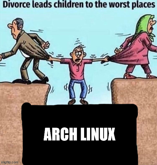 arch linux | ARCH LINUX | image tagged in divorce leads children to the worst places | made w/ Imgflip meme maker