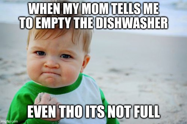 Success Kid Original | WHEN MY MOM TELLS ME TO EMPTY THE DISHWASHER; EVEN THO ITS NOT FULL | image tagged in memes,success kid original | made w/ Imgflip meme maker