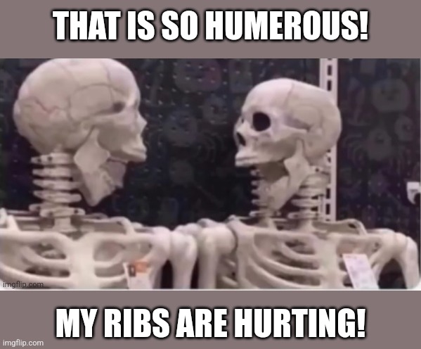 Laughing skeletons | THAT IS SO HUMEROUS! MY RIBS ARE HURTING! | image tagged in laughing skeletons | made w/ Imgflip meme maker