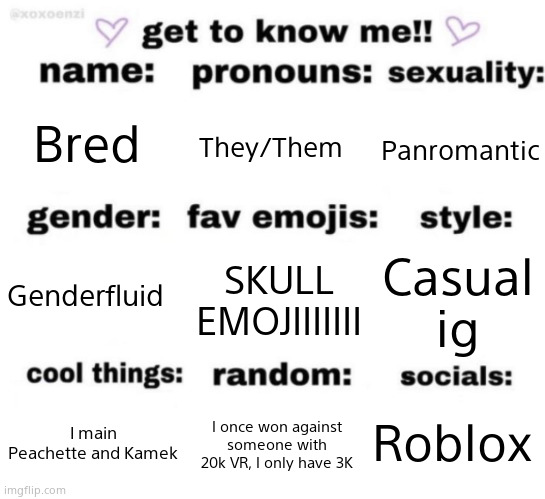 Please acknowledge this | Bred; They/Them; Panromantic; SKULL EMOJIIIIIII; Casual ig; Genderfluid; Roblox; I once won against someone with 20k VR, I only have 3K; I main Peachette and Kamek | image tagged in get to know me but better | made w/ Imgflip meme maker