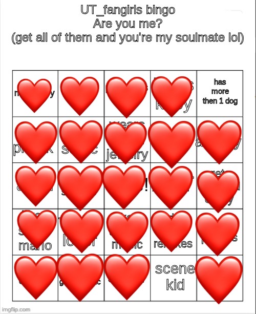 Should I be concerned? (Used hearts cuz determination) | image tagged in ut_fangirls bingo,bingo,help | made w/ Imgflip meme maker