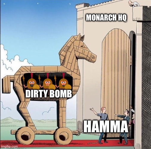 Torn - MHQ DBed | MONARCH HQ; DIRTY BOMB; HAMMA | image tagged in trojan horse,torn | made w/ Imgflip meme maker