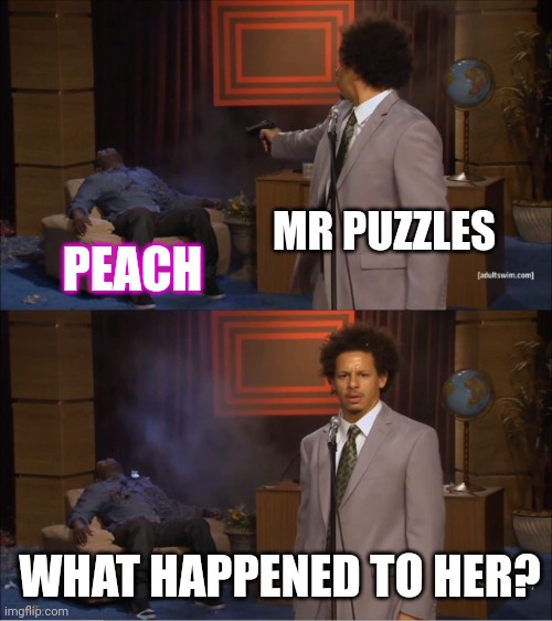 Smg4 2023 in a nutshell | MR PUZZLES; PEACH; WHAT HAPPENED TO HER? | image tagged in memes,who killed hannibal | made w/ Imgflip meme maker