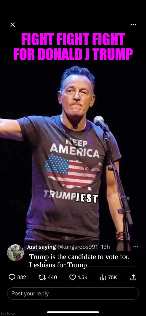 Bruce Springsteen anti Trump | FIGHT FIGHT FIGHT FOR DONALD J TRUMP I E S T Trump is the candidate to vote for.
Lesbians for Trump | image tagged in bruce springsteen anti trump | made w/ Imgflip meme maker