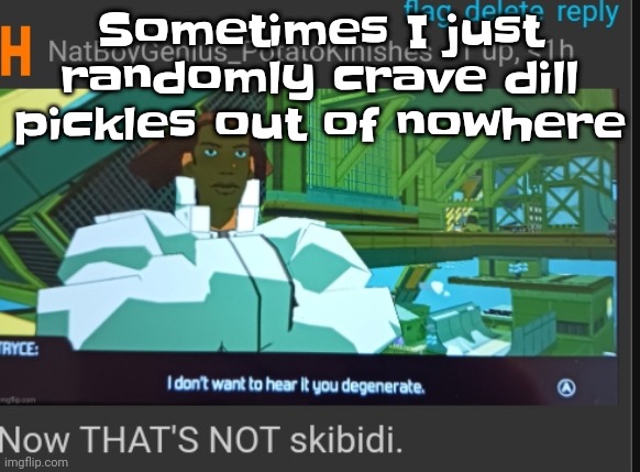 Now that's NOT skibidi | Sometimes I just randomly crave dill pickles out of nowhere | image tagged in now that's not skibidi | made w/ Imgflip meme maker