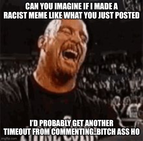 Stone Cold Laughing | CAN YOU IMAGINE IF I MADE A RACIST MEME LIKE WHAT YOU JUST POSTED I’D PROBABLY GET ANOTHER TIMEOUT FROM COMMENTING..BITCH ASS HO | image tagged in stone cold laughing | made w/ Imgflip meme maker