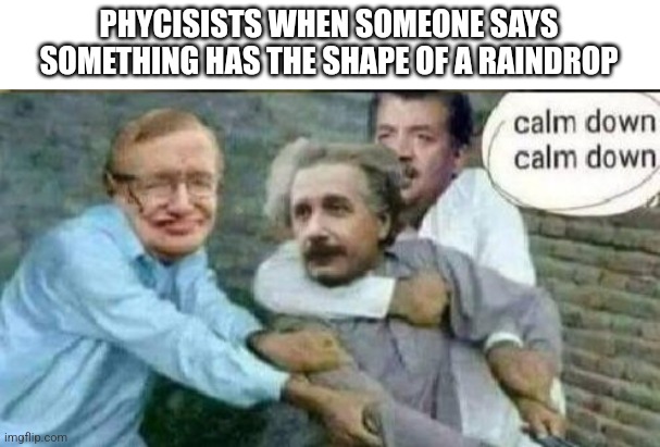 Physics teachers be like | PHYCISISTS WHEN SOMEONE SAYS SOMETHING HAS THE SHAPE OF A RAINDROP | image tagged in calm down albert einstein | made w/ Imgflip meme maker