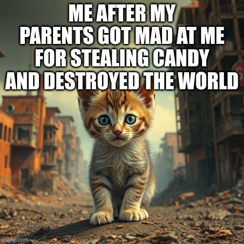 ME AFTER MY PARENTS GOT MAD AT ME FOR STEALING CANDY AND DESTROYED THE WORLD | image tagged in cats | made w/ Imgflip meme maker