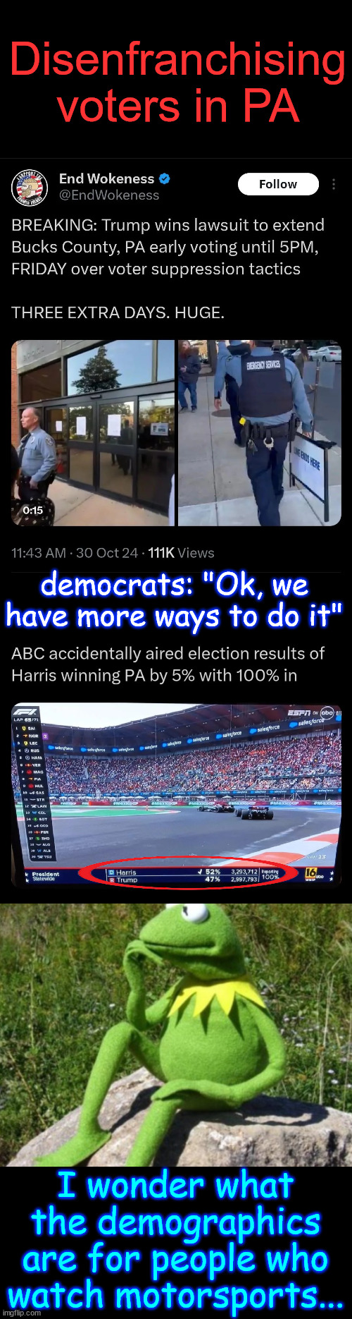 The attempt at disenfranchising voters in PA was blocked by a court! | Disenfranchising voters in PA; democrats: "Ok, we have more ways to do it"; I wonder what the demographics are for people who watch motorsports... | image tagged in pa voters,blocked from voting by democrats,disenfranchising voters,they have many ways to cheat | made w/ Imgflip meme maker