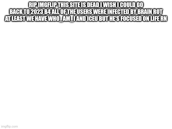 RIP IMGFLIP THIS SITE IS DEAD I WISH I COULD GO BACK TO 2023 B4 ALL OF THE USERS WERE INFECTED BY BRAIN ROT AT LEAST WE HAVE WHO_AM_I AND ICEU BUT HE'S FOCUSED ON LIFE RN | made w/ Imgflip meme maker