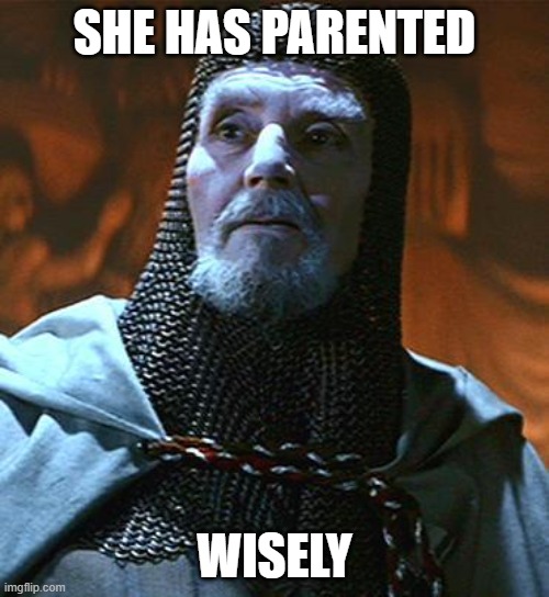 She has parented wisely | SHE HAS PARENTED; WISELY | image tagged in you have chosen wisely,indiana jones,parenting | made w/ Imgflip meme maker