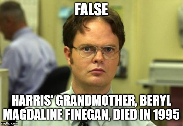 Dwight Schrute Meme | FALSE HARRIS' GRANDMOTHER, BERYL MAGDALINE FINEGAN, DIED IN 1995 | image tagged in memes,dwight schrute | made w/ Imgflip meme maker