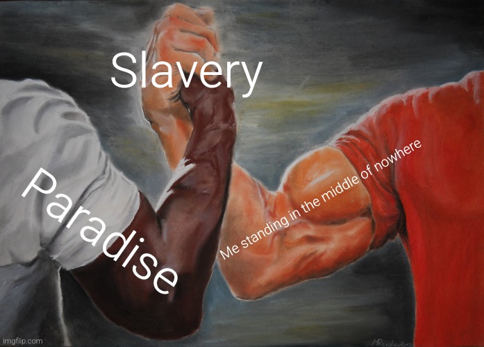 Epic Handshake | Slavery; Me standing in the middle of nowhere; Paradise | image tagged in memes,epic handshake | made w/ Imgflip meme maker