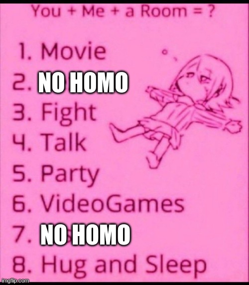 sfw for the boys :) | NO HOMO; NO HOMO | image tagged in you me a room | made w/ Imgflip meme maker