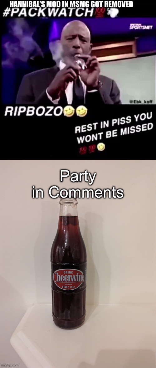 HANNIBAL’S MOD IN MSMG GOT REMOVED; Party in Comments | image tagged in rest in piss you won't be missed,cheerwine | made w/ Imgflip meme maker