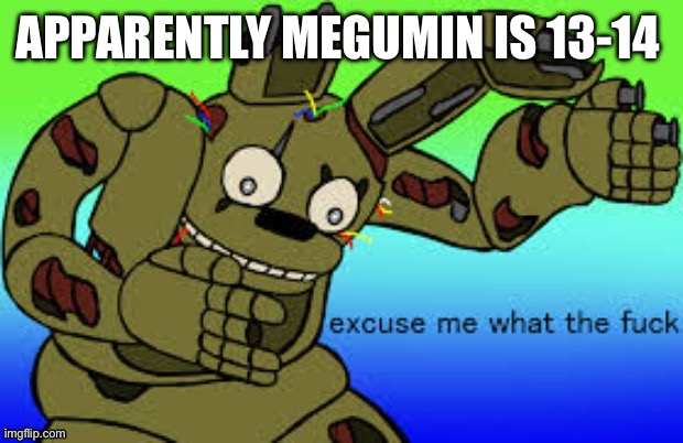 Springtrap wtf | APPARENTLY MEGUMIN IS 13-14 | image tagged in springtrap wtf | made w/ Imgflip meme maker