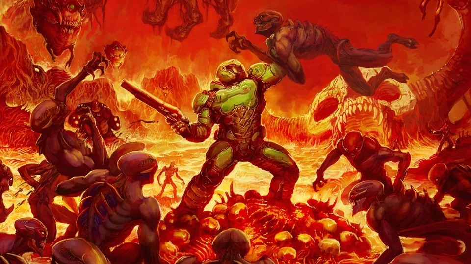 Doomguy fighting demons Blank Meme Template