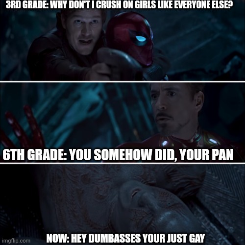 Fun fact: I came out as pan and haven't cared to restate that I'm gay now not pan | 3RD GRADE: WHY DON'T I CRUSH ON GIRLS LIKE EVERYONE ELSE? 6TH GRADE: YOU SOMEHOW DID, YOUR PAN; NOW: HEY DUMBASSES YOUR JUST GAY | image tagged in gamora where who and why | made w/ Imgflip meme maker