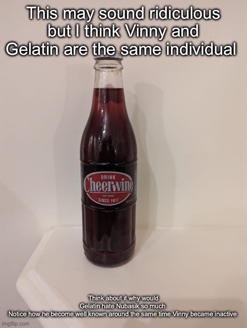 (Freaky: Ya serious?) | This may sound ridiculous but I think Vinny and Gelatin are the same individual; Think about it why would Gelatin hate Nubasik so much 
Notice how he become well known around the same time Vinny became inactive | image tagged in cheerwine | made w/ Imgflip meme maker