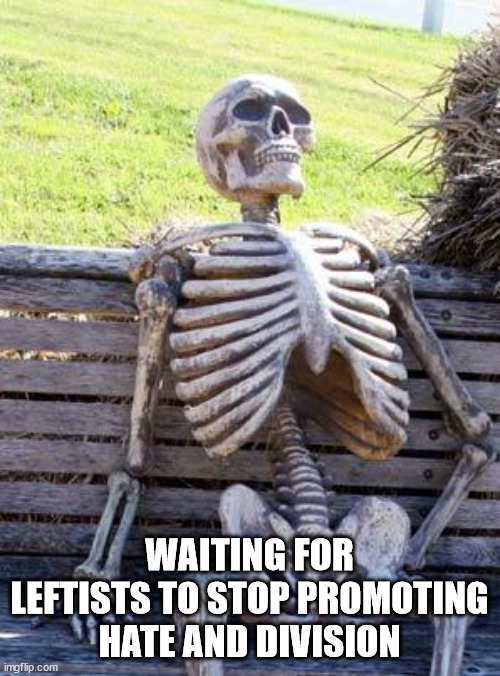 Waiting Skeleton Meme | WAITING FOR LEFTISTS TO STOP PROMOTING HATE AND DIVISION | image tagged in memes,waiting skeleton | made w/ Imgflip meme maker