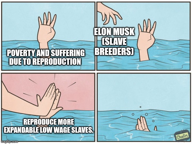 Childfree antinatalism memes | ELON MUSK
(SLAVE BREEDERS); POVERTY AND SUFFERING DUE TO REPRODUCTION; REPRODUCE MORE EXPANDABLE LOW WAGE SLAVES. | image tagged in high five drown | made w/ Imgflip meme maker