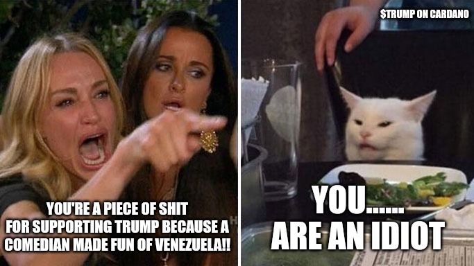 Angry lady cat | $TRUMP ON CARDANO; YOU'RE A PIECE OF SHIT FOR SUPPORTING TRUMP BECAUSE A COMEDIAN MADE FUN OF VENEZUELA!! YOU...... ARE AN IDIOT | image tagged in angry lady cat | made w/ Imgflip meme maker