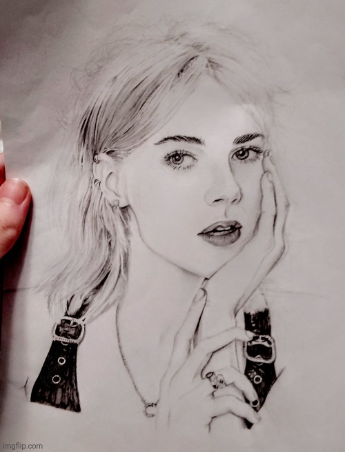 Lucy Boynton drawing | image tagged in drawing,art,bohemian rhapsody,actress,queen,blonde | made w/ Imgflip meme maker