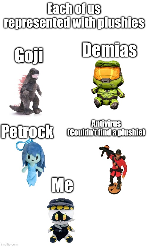 Sorry if you don’t even play tf2 virus | Each of us represented with plushies; Demias; Goji; Antivirus
(Couldn’t find a plushie); Petrock; Me | image tagged in plush | made w/ Imgflip meme maker