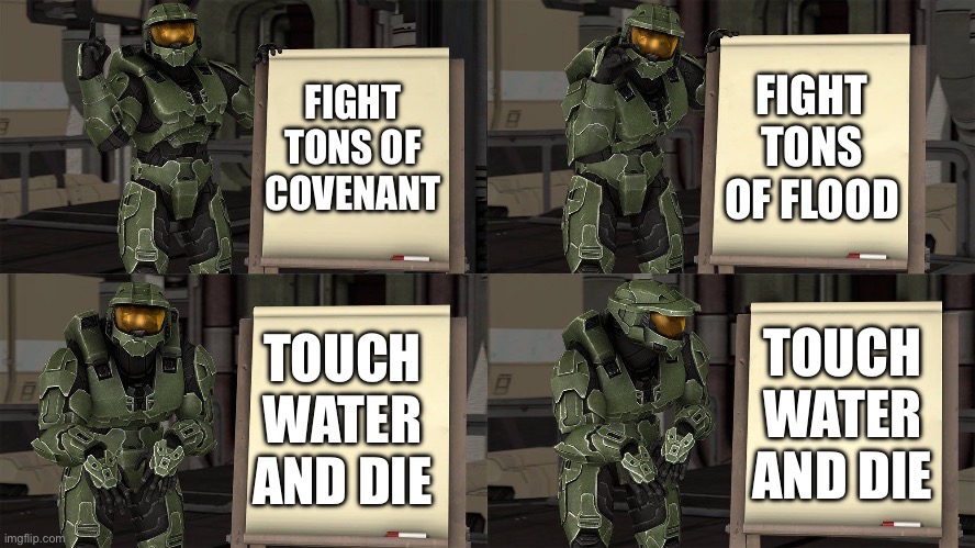 Master Chief's Plan-(Despicable Me Halo) | FIGHT TONS OF COVENANT FIGHT TONS OF FLOOD TOUCH WATER AND DIE TOUCH WATER AND DIE | image tagged in master chief's plan- despicable me halo | made w/ Imgflip meme maker