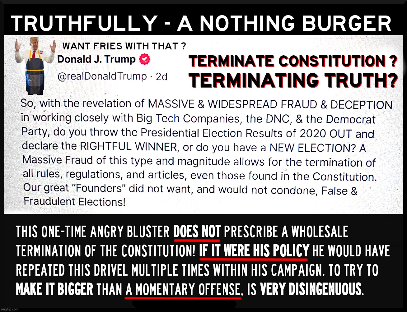 TERMINATING TRUTH NOT CONSTITUTION ! | image tagged in terminate,constitution,trump,nothing burger,cancel,fries | made w/ Imgflip meme maker