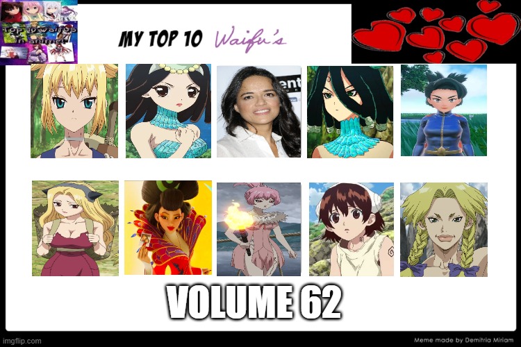 top 10 waifus volume 62 | VOLUME 62 | image tagged in top 10 waifus,waifu,anime,movies,anime memes,fast and furious | made w/ Imgflip meme maker