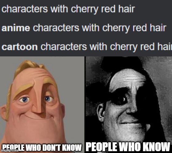 Donut Cherry Guy? | PEOPLE WHO DON'T KNOW; PEOPLE WHO KNOW | image tagged in traumatized mr incredible,jojo's bizarre adventure,anime | made w/ Imgflip meme maker