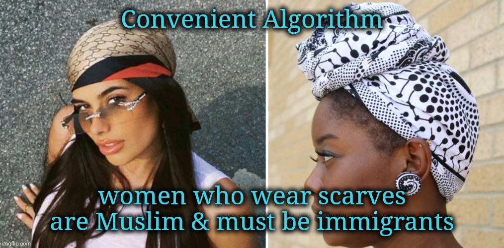 Another Commentary on Convenient Measure of Value, Part 3 | Convenient Algorithm; women who wear scarves are Muslim & must be immigrants | image tagged in belief,political,convenience | made w/ Imgflip meme maker