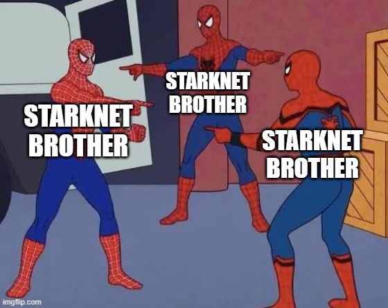 Starknet Brother | STARKNET BROTHER; STARKNET BROTHER; STARKNET BROTHER | image tagged in 3 spiderman pointing | made w/ Imgflip meme maker