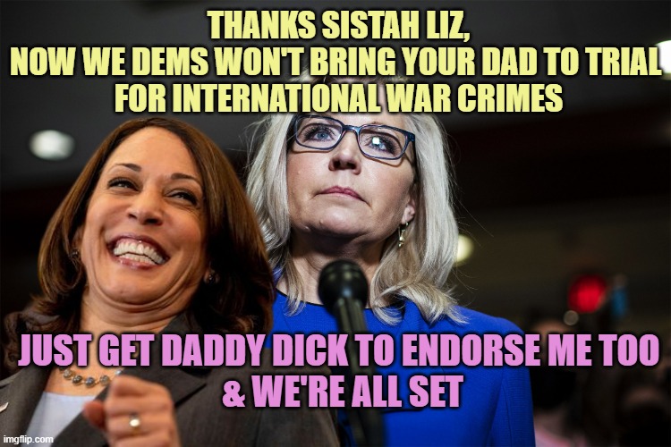 Liz Cheney | THANKS SISTAH LIZ,
NOW WE DEMS WON'T BRING YOUR DAD TO TRIAL 
FOR INTERNATIONAL WAR CRIMES JUST GET DADDY DICK TO ENDORSE ME TOO 
& WE'RE AL | image tagged in liz cheney | made w/ Imgflip meme maker