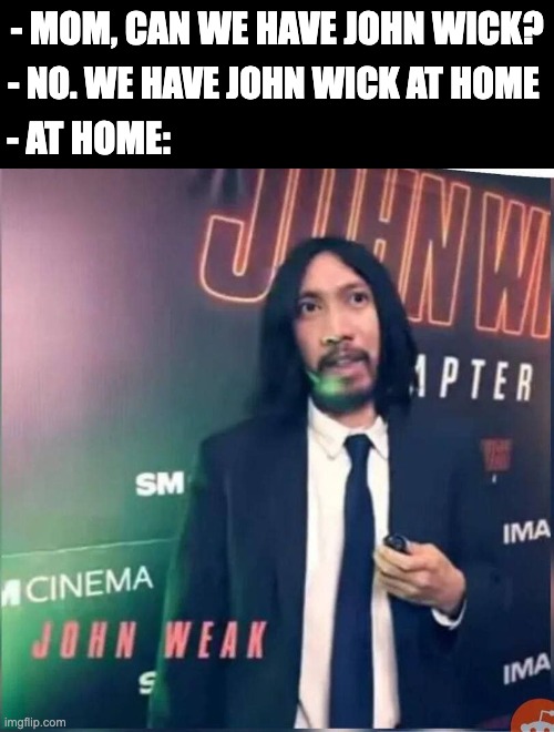 Mom, can we have John wick? | - MOM, CAN WE HAVE JOHN WICK? - NO. WE HAVE JOHN WICK AT HOME; - AT HOME: | image tagged in john weak,john wick,mom can we have | made w/ Imgflip meme maker