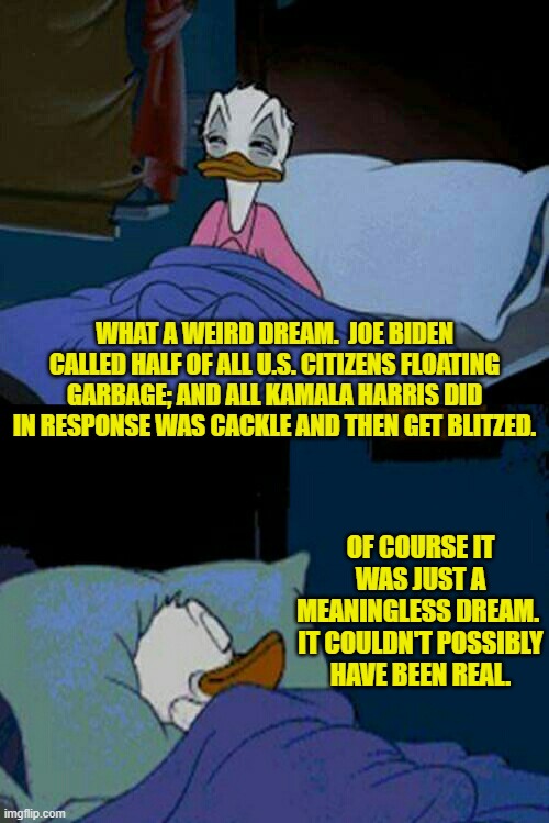 Next thing we know Trump will be driving a garbage truck and winning new voters in droves. | WHAT A WEIRD DREAM.  JOE BIDEN CALLED HALF OF ALL U.S. CITIZENS FLOATING GARBAGE; AND ALL KAMALA HARRIS DID IN RESPONSE WAS CACKLE AND THEN GET BLITZED. OF COURSE IT WAS JUST A MEANINGLESS DREAM.  IT COULDN'T POSSIBLY HAVE BEEN REAL. | image tagged in sleepy donald duck in bed | made w/ Imgflip meme maker