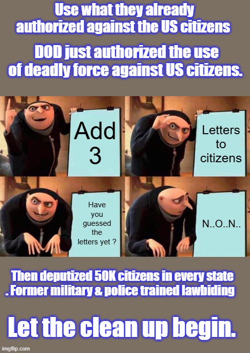 TURN thier own plan back against the ones trying to destroy the US.THE US military was never suppose to be used against citizens | Use what they already authorized against the US citizens; DOD just authorized the use of deadly force against US citizens. Add 3; Letters to citizens; Have you guessed the letters yet ? N..O..N.. Then deputized 50K citizens in every state . Former military & police trained lawbiding; Let the clean up begin. | image tagged in memes,gru's plan | made w/ Imgflip meme maker