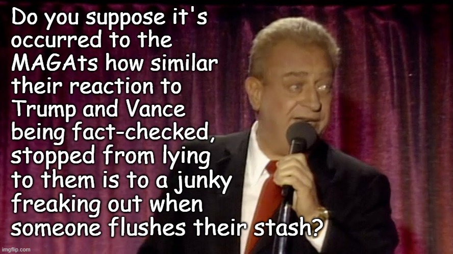 Just sayin'... | Do you suppose it's
occurred to the
MAGAts how similar
their reaction to
Trump and Vance
being fact-checked, stopped from lying
to them is to a junky
freaking out when 
someone flushes their stash? | image tagged in dangerfield,addiction,just sayin',cult | made w/ Imgflip meme maker