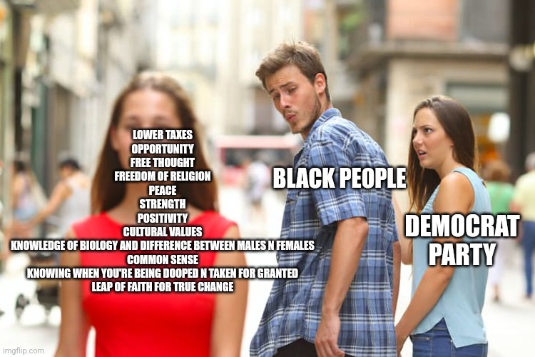 Black people republican | LOWER TAXES
OPPORTUNITY
FREE THOUGHT
FREEDOM OF RELIGION
PEACE
STRENGTH
POSITIVITY
CULTURAL VALUES
KNOWLEDGE OF BIOLOGY AND DIFFERENCE BETWEEN MALES N FEMALES
COMMON SENSE
KNOWING WHEN YOU'RE BEING DOOPED N TAKEN FOR GRANTED
LEAP OF FAITH FOR TRUE CHANGE; BLACK PEOPLE; DEMOCRAT PARTY | image tagged in memes,distracted boyfriend | made w/ Imgflip meme maker