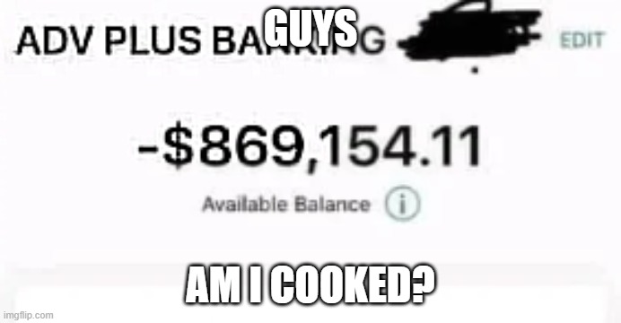 am i cooked? | GUYS; AM I COOKED? | image tagged in debt,memes | made w/ Imgflip meme maker