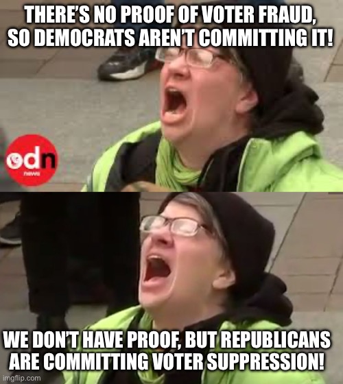 THERE’S NO PROOF OF VOTER FRAUD, SO DEMOCRATS AREN’T COMMITTING IT! WE DON’T HAVE PROOF, BUT REPUBLICANS ARE COMMITTING VOTER SUPPRESSION! | image tagged in screaming lady,screaming liberal | made w/ Imgflip meme maker