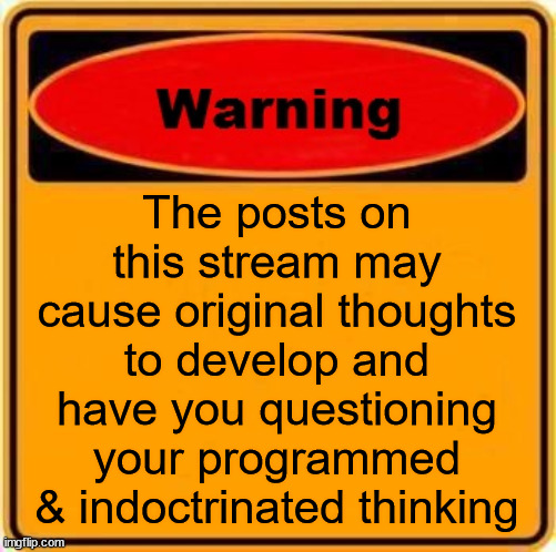 Warning Sign Meme | The posts on this stream may cause original thoughts to develop and have you questioning your programmed & indoctrinated thinking | image tagged in memes,warning sign | made w/ Imgflip meme maker