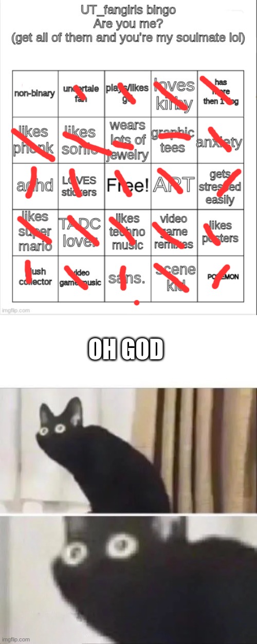 HOLY | OH GOD | image tagged in ut_fangirls bingo,oh no black cat | made w/ Imgflip meme maker