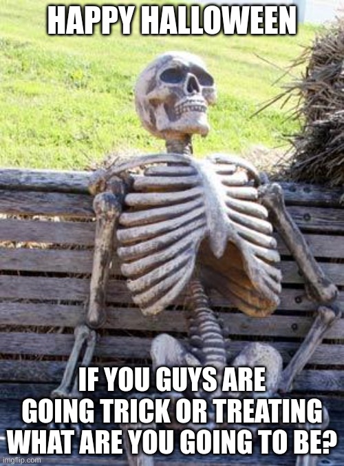 halloween | HAPPY HALLOWEEN; IF YOU GUYS ARE GOING TRICK OR TREATING WHAT ARE YOU GOING TO BE? | image tagged in memes,waiting skeleton,halloween,e,skeleton,trick or treat | made w/ Imgflip meme maker