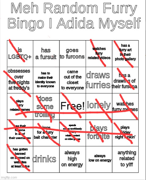 Meh Random Furry Bingo I Adida Myself | Meh Random Furry Bingo I Adida Myself; goes to furcons; has a fursuit; has a furry art in their photo gallery; is LGBTQ+; watches furry related videos; came out of the closet to everyone; obssesses over five nights at freddy's; has a drawing of their fursona; draws furries; has to make their identity known to everyone; lonely; plays furry related games; watches furry memes; does some trolling; has their fursona in all of their usernames; simps for a furry bait character; plays Friday night funkin'; plays fortnite; spends money worthlessly on furry related content on video games; drinks; anything related to yiff; has gotten banned on banned on websites at least twice; always high on energy; always low on energy | image tagged in blank bingo,meh random furry bingo i adida myself | made w/ Imgflip meme maker